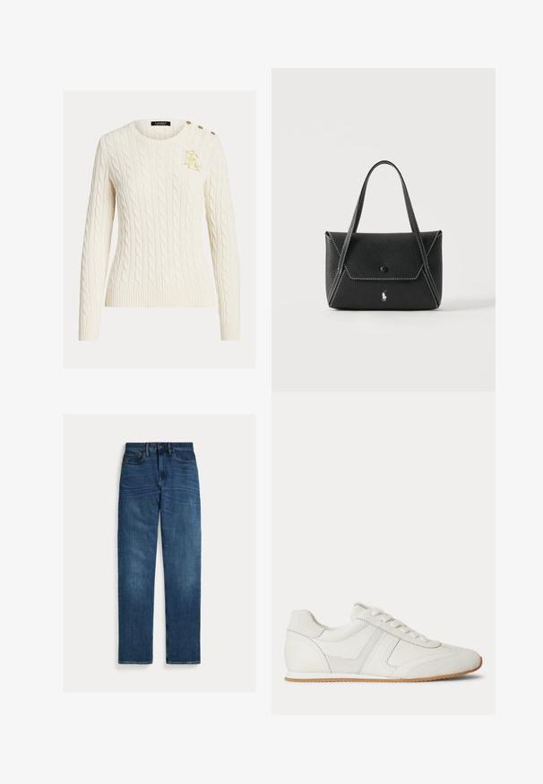 Pull en tricot torsadé crème avec manches longues, col rond, logo doré brodé sur la poitrine et trois boutons dorés à l'épaule.; Jean droit en denim bleu avec cinq poches, fermeture par bouton, et une légère décoloration aux cuisses et aux genoux, posé à plat sur un fond blanc.; Baskets basses blanches avec laçage à l'avant, panneaux en daim et cuir, et une semelle en caoutchouc marron clair sur fond blanc.; Sac à main en cuir noir avec deux poignées, rabat avant à fermeture par bouton, coutures blanches et petit logo cheval sur fond uni.