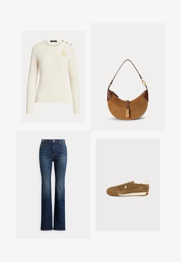 Pull en tricot torsadé crème avec manches longues, col rond, logo doré brodé sur la poitrine et trois boutons dorés à l'épaule.; Jean bootcut taille haute bleu foncé avec bouton et poches à l'avant, légère décoloration sur les cuisses et les genoux, présenté sur fond blanc.; Baskets en daim marron avec lacets blancs, logo blanc sur le côté et languette blanche au talon, montrées de profil sur un fond uni.; Sac à main demi-lune en daim marron avec des accents en cuir marron foncé, des ferrures dorées et une courte bandoulière.