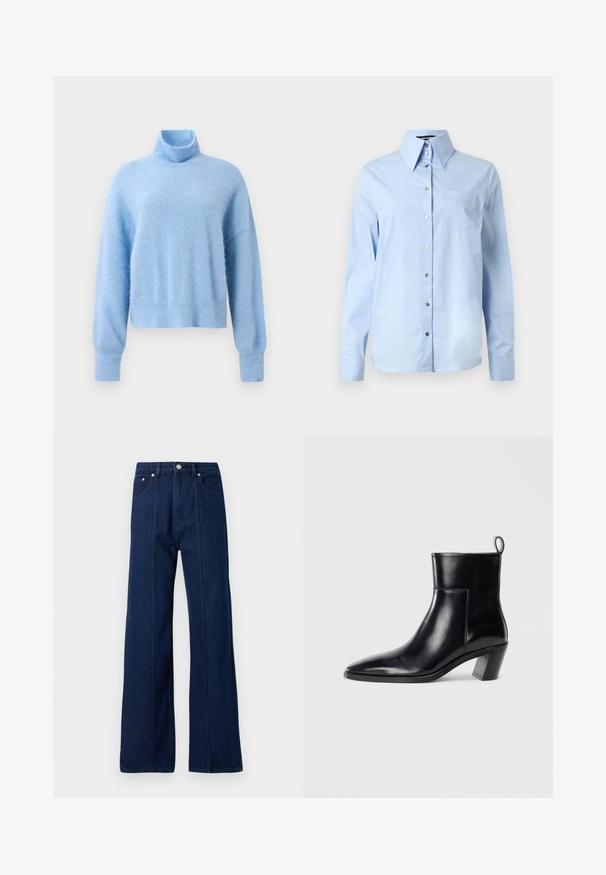 Suéter de cuello alto recortado en azul claro, hecho de una suave tela texturizada con mangas largas y puños acanalados para un detalle adicional.; Camisa abotonada de color azul claro con cuello extendido, mangas largas, un bolsillo en el pecho y un discreto bordado del logo. Tejido de algodón suave.; Jeans de mezclilla de talle alto y pernera ancha en azul oscuro, con bolsillos frontales y costuras visibles. Textura suave, con corte holgado y perneras de longitud completa.; Botín de piel negra hasta el tobillo con punta afilada, tacón apilado geométrico y una lengüeta en la parte posterior. Textura suave y diseño elegante.