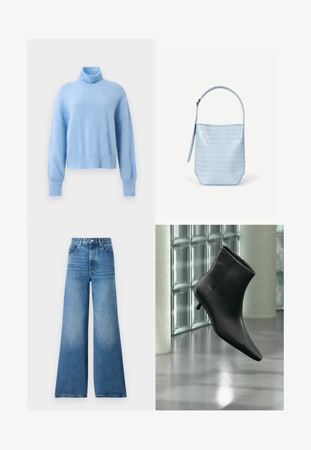 Suéter de cuello alto recortado en azul claro, hecho de una suave tela texturizada con mangas largas y puños acanalados para un detalle adicional.; Jeans de mezclilla azul de cintura alta con corte de pierna ancha, que presentan un ligero desvanecimiento, diseño clásico de cinco bolsillos y cierre de botón de metal.; Botín negro de cuero con punta puntiaguda y tacón bajo estilo kitten, mostrado en ángulo sobre un suelo pulido y con una pared de bloques de vidrio de fondo.; Bolso de mano azul claro con textura de cocodrilo, forma rectangular, asa superior única y una correa colgante lateral sobre un fondo blanco liso.