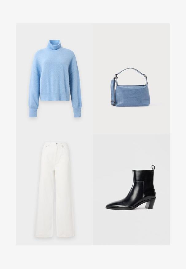 Pull col roulé court bleu clair en tissu doux et texturé, avec des manches longues et des poignets côtelés pour une touche de détail.; Jeans large à taille haute blancs en denim. Comprend des poches avant, une fermeture à bouton et des détails d'ourlet effiloché.; Bottine en cuir noir avec un bout pointu, un talon empilé géométrique et une languette à l'arrière. Texture lisse et design épuré.; Sac à main bleu clair embossé façon crocodile avec une poignée courte et une bandoulière amovible. Texture lisse avec une fermeture éclair.