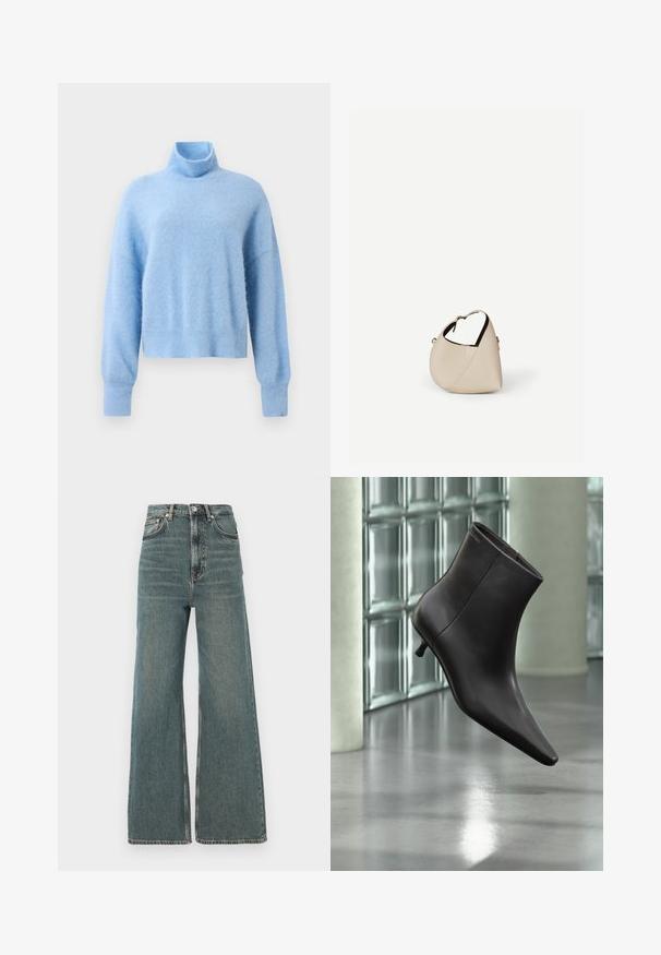 Pull col roulé court bleu clair en tissu doux et texturé, avec des manches longues et des poignets côtelés pour une touche de détail.; Jeans taille haute à jambes larges en denim bleu délavé, avec un style classique à cinq poches et une fermeture éclair avec bouton.; Bottine en cuir noir avec bout pointu et petit talon, présentée devant un mur en blocs de verre et un sol poli.; Sac à main en cuir beige en forme de croissant avec une seule bandoulière et des coutures minimalistes, posé sur un fond blanc uni.