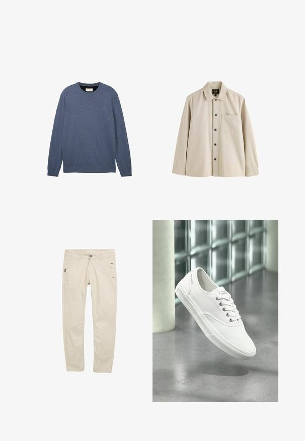 Crewneck sweater i mørkeblå, fremstillet af blødt stof med en glat tekstur, der har lange ærmer og ribbede manchetter samt kant.; Beige langærmet skjorte med knapper, krave og en brystlomme, lavet af et robust stof.; Beige bomulds chinos med en lige ben design, der har sidelommer, en knaplukning og subtile tekstur detaljer.; Hvid lavtop lærredssneaker med snørebånd, mærket Tommy Hilfiger, vist svævende over en glat grå gulv nær en væg af glasblokke.