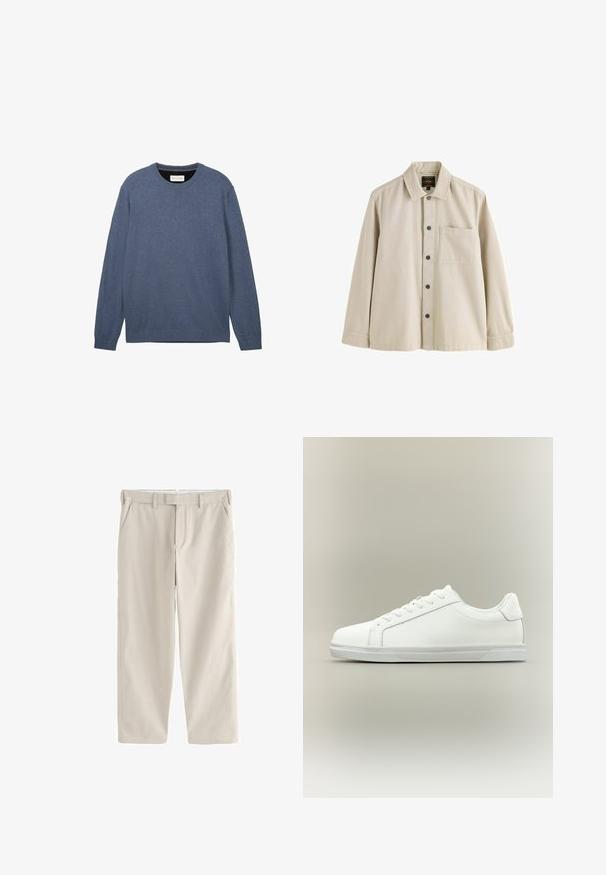 Crewneck sweater i mørkeblå, fremstillet af blødt stof med en glat tekstur, der har lange ærmer og ribbede manchetter samt kant.; Beige langærmet skjorte med knapper, krave og en brystlomme, lavet af et robust stof.; Beige bukser med lige ben, bæltestropper, sidelommer og lukning med lynlås foran, lagt fladt på en hvid baggrund.; Lavtop hvid sneaker med snørelukning foran og tekstureret gummisål mod en ensartet neutral baggrund.