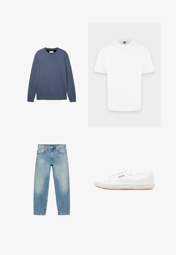 Donkerblauwe crewneck trui, vervaardigd uit zachte stof met een gladde textuur, met lange mouwen en ribbelboorden en -zoom.; Effen witte katoenen T-shirt met korte mouwen en ronde hals, weergegeven op een lichtgrijze achtergrond.; Jeans met rechte pijpen van blauwe denim, met voorzakken en riemlussen, met lichte vervaagde details op dijen en knieën.; Witte canvas sneakers met een rubberen zool, vetersluiting en een klein logolabel aan de zijkant. Gewreven wit bovenwerk en een bruine zool.