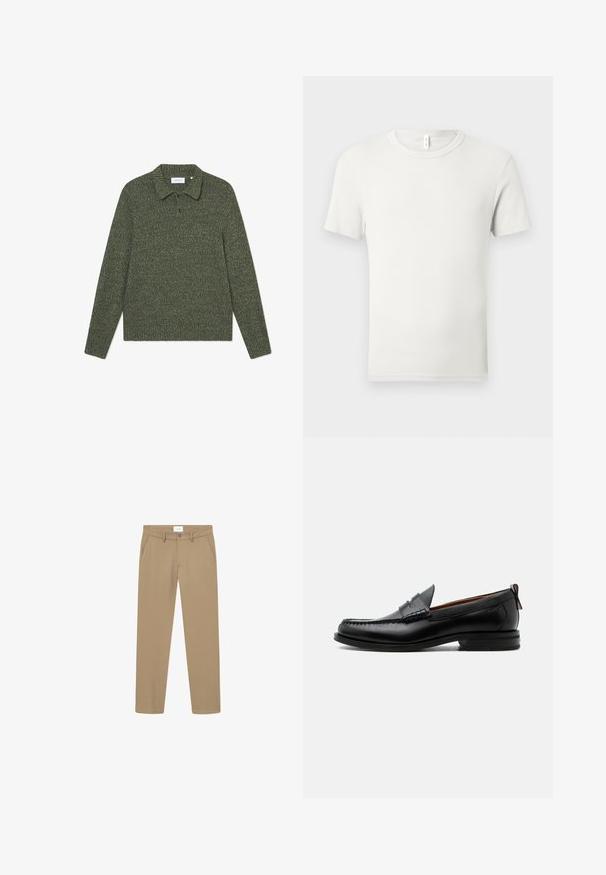 Groene gebreide pullover met een kraaghalslijn, lange mouwen en een gestructureerd patroon. Bevat een placket met twee knopen en subtiele branding.; Effen witte korte mouw T-shirt met ronde hals plat gelegd op een lichtgrijze achtergrond met een klein stoffen label bij de kraag.; Beige broek met een gladde textuur, rechte pijpdesign, voorzakken en een knoopsluiting. Label zichtbaar bij de taille.; Zwarte leren herensloffen met moc toe stiksel, pennyriem, gestructureerde kraag en lage gestapelde hak op witte achtergrond.