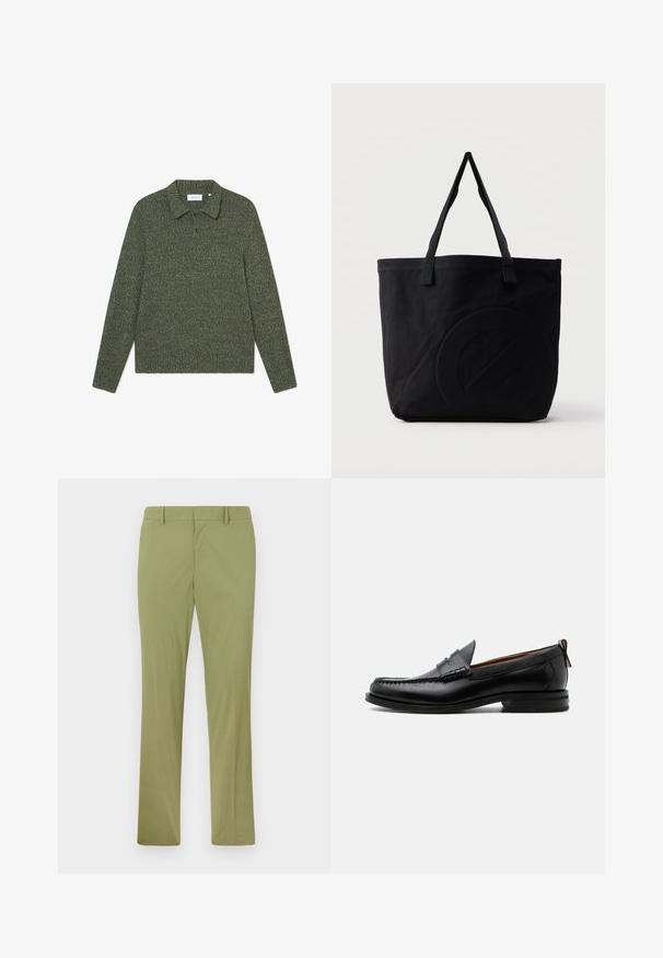 Suéter de punto verde con cuello tipo polo, mangas largas y un patrón texturizado. Presenta un cierre de dos botones y un sutil logo.; Pantalones ajustados de color verde oliva con trabillas para cinturón, cremallera frontal y perneras rectas, extendidos sobre un fondo claro.; Mocasín de hombre de piel negra con costura moc toe, tira penny, cuello texturizado y tacón bajo apilado sobre fondo blanco.; Bolsa tote de lona negra con dos correas para el hombro y un diseño circular en relieve sutil en el frente.