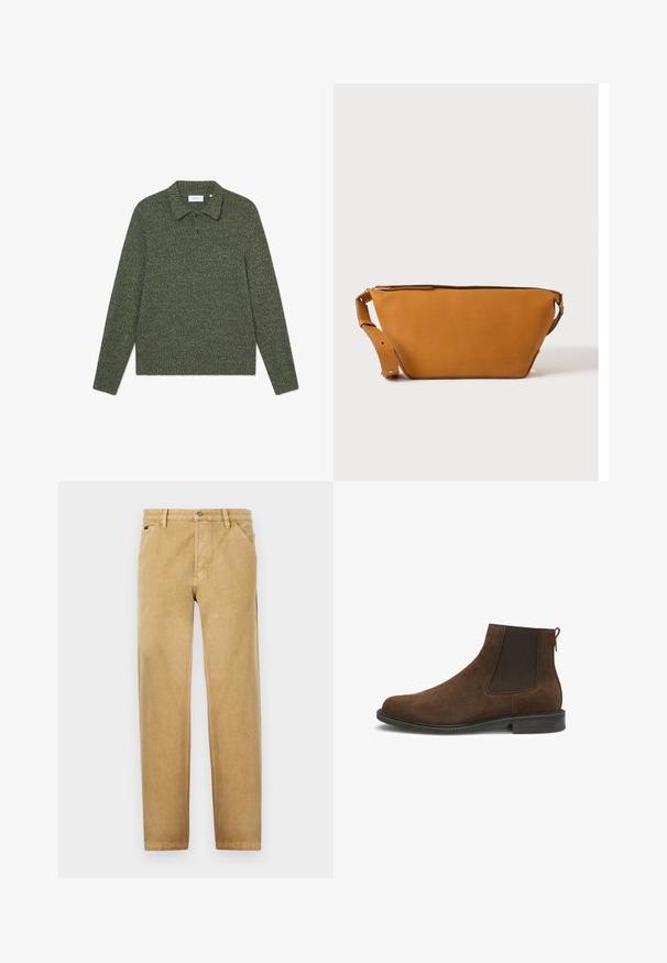 Groene gebreide pullover met een kraaghalslijn, lange mouwen en een gestructureerd patroon. Bevat een placket met twee knopen en subtiele branding.; Tan chino's met een recht vallend ontwerp, gemaakt van een zachte stof. Voorzien van voorkruiszakken, een knoopsluiting en subtiele stikdetails.; Bruine suède Chelsea-laars met zwart elastisch zijpaneel, zwarte zool en treklus aan de achterkant, zijaanzicht.; Lichtbruine leren crossbodytas met verstelbare band en ritssluiting, getoond tegen een effen lichte achtergrond.