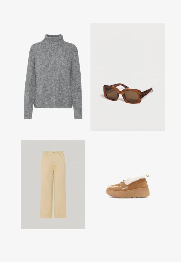Grå strikket sweater med høj krave, varierende teksturer og en boxy form. Har lange ærmer og en kant, der sidder ved taljen.; Beige bukser med vidde, lavet af stof med en glat tekstur, med en frontknaplukning og to sidelommer.; Brune suedestøvle uden snørebånd med hvidt kunstpelsfoder, dekorativ syning og en struktureret gummisål, med en accent-snøre detalje foran.; Rektangulære solbriller med skildpaddemønster, tykke stel og mørketonede glas, vinklet på hvid baggrund.