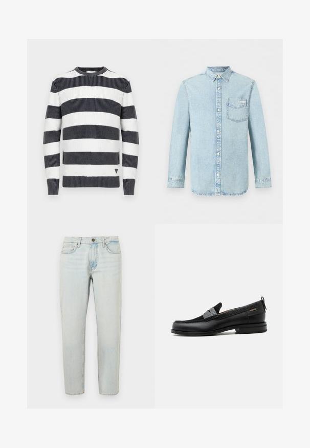 Pull rayé avec de larges bandes horizontales bleu marine et blanches ; texture côtelée ; col rond ; petit accent triangulaire à l'ourlet.; Chemise en denim bleu clair à manches longues, fermeture boutonnée devant, une poche poitrine simple avec le logo Calvin Klein, et un col pointu.; Jeans en denim bleu clair avec une coupe droite, design à cinq poches et fermeture à bouton. Le tissu présente une texture usée et légèrement déchirée.; Mocassin en cuir noir avec détail de bride grise, talon bas et semelle texturée, marqué "HUGO" en or sur le côté.