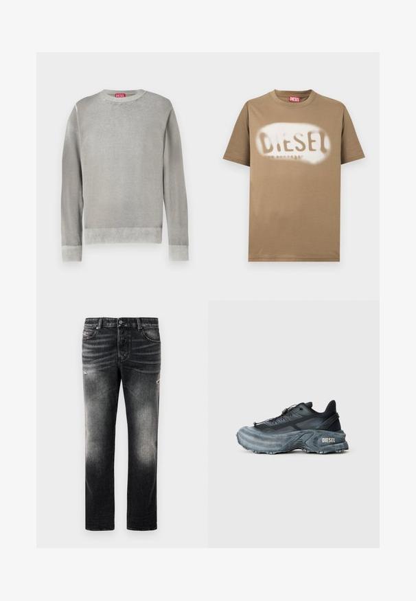 Lys grå sweater med rund halsudskæring, lange ærmer, ribbede manchetter og kant. Lavet af blødt materiale med en glat overflade. Har et synligt mærke.; Brun bomulds-T-shirt med et spraymalet "DIESEL"-logo i hvid. Klassisk rund hals og korte ærmer med en glat tekstur.; Sorte jeans med en falmet finish og slidte detaljer, standard fem-pockets design og lynlås. Lavet af denim stof.; Sort og grå Diesel sneakers med tyk sål, snørrebåndslukning og tekstureret design på en ensfarvet lysegrå baggrund.