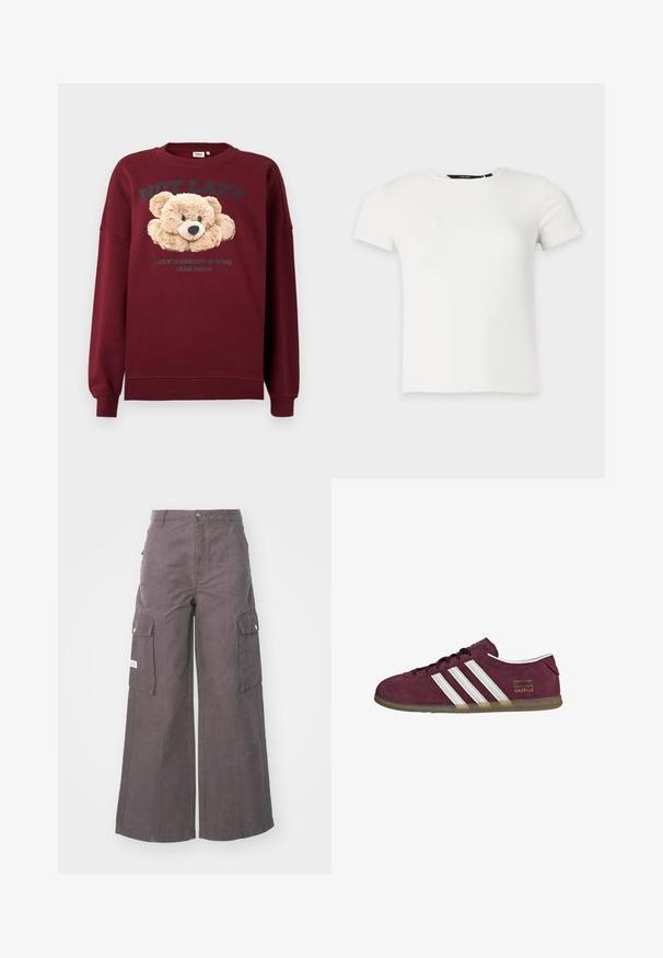 Bordeaux sweatshirt met teddybeer graphic en de tekst "NIET LUI" en "GEWOON IN ENERGIEBESPARED BAREMODE" aan de voorkant, lange mouwen, geribbelde manchetten.; Wit geribbeld gebreid T-shirt met korte mouwen en een ronde hals, weergegeven op een effen lichtgrijze achtergrond.; Grijze wijde cargobroek van stevig materiaal, met vier grote zakken, een sluiting met knoop aan de voorkant en een relaxte pasvorm.; Bordeauxrode suède sneaker met witte strepen, een ronde neus en een buitenzool van gum rubber. Voorzien van een logolabel aan de buitenkant.