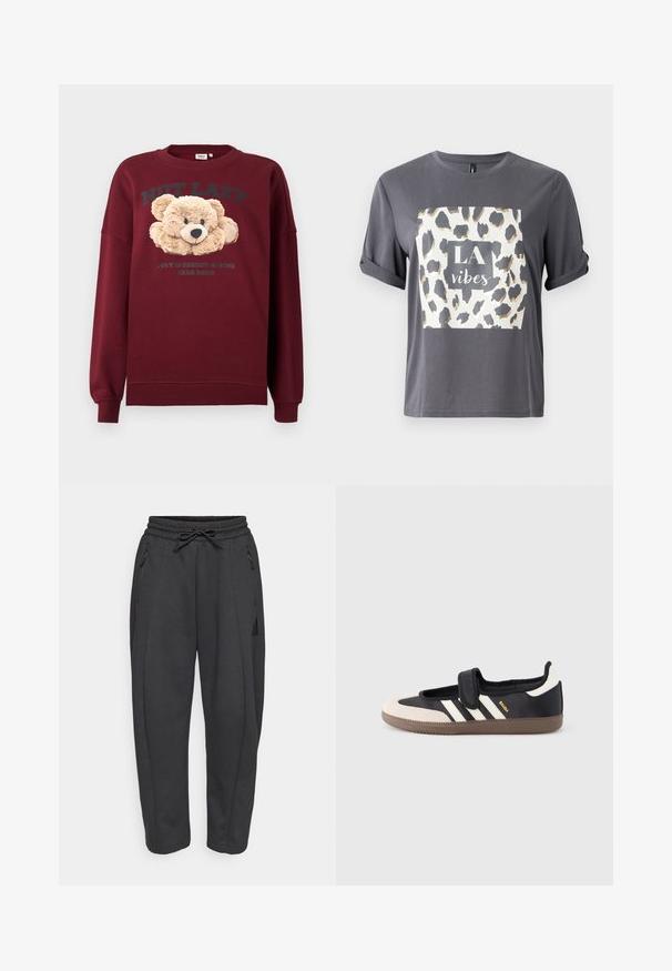 Bordeaux sweatshirt met teddybeer graphic en de tekst "NIET LUI" en "GEWOON IN ENERGIEBESPARED BAREMODE" aan de voorkant, lange mouwen, geribbelde manchetten.; Grijze t-shirt met een luipaardprint in goud en zwart, met de tekst "LA vibes" in een centraal vierkant op de voorkant. Korte mouwen.; Zwarte sportbroeken met een elastische tailleband, trekkoord, zijzakken met rits en taps toelopende benen. Gemaakt van een zachte, gestructureerde stof.; Zwart-beige sneaker met een klittenbandsluiting, drie witte strepen aan de zijkant en een getextureerde bruine rubberen zool. Merkembleem zichtbaar.