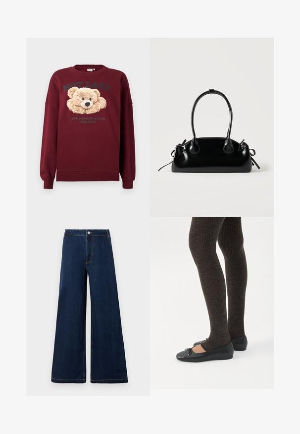 Bordeaux sweatshirt met teddybeer graphic en de tekst "NIET LUI" en "GEWOON IN ENERGIEBESPARED BAREMODE" aan de voorkant, lange mouwen, geribbelde manchetten.; Wijduitlopende denim jeans in donkerblauw met gouden stiksels, voorzien van een voorknop- en ritssluiting en een klassiek vijf-pocket ontwerp.; Benen met donkere geribbelde leggings gecombineerd met zwarte ballerina's met kleine strikdetails op een witte achtergrond.; Kleine zwarte glanzende handtas met twee lange hengsels en zijkant trekkoord details op een effen lichte achtergrond.