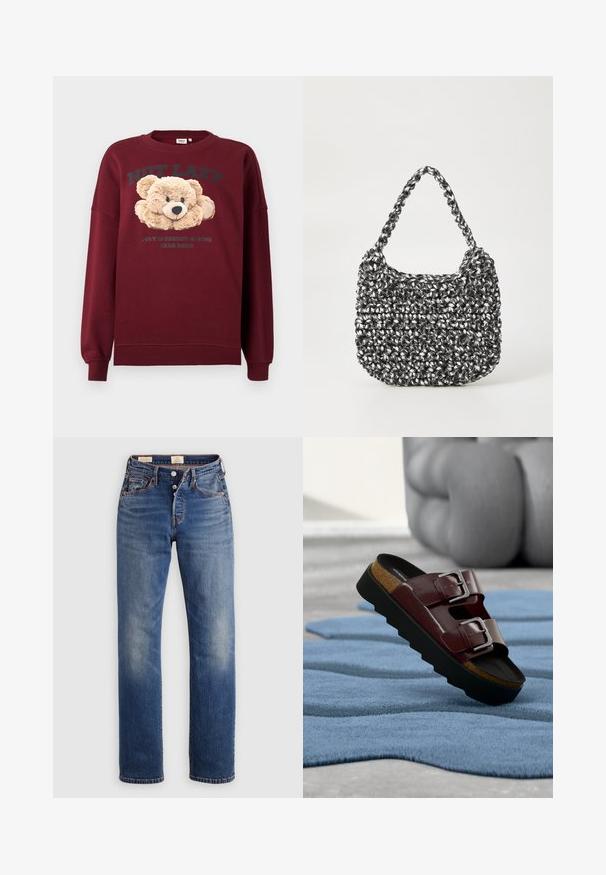 Mørkerød sweatshirt med teddy-bear grafisk motiv og teksten "IKKE DOVEN" og "UGENDE IMPLEMENTERET BÆR-MODE" på fronten, lange ærmer, ribbede manchetter.; Denimjeans i mellemblå med straight ben, fem-lommers design og en let falmet effekt, med knaplukning og lavet af bomuld.; Brun lædersandal med dobbelte sølvspænder og tyk sort sål, hvilende på et tekstureret blåt tæppe i et moderne indendørsmiljø.; Vævet håndtaske i sort og hvid med en rund form, tekstureret overflade og et fletet håndtag. Velegnet til afslappet brug.