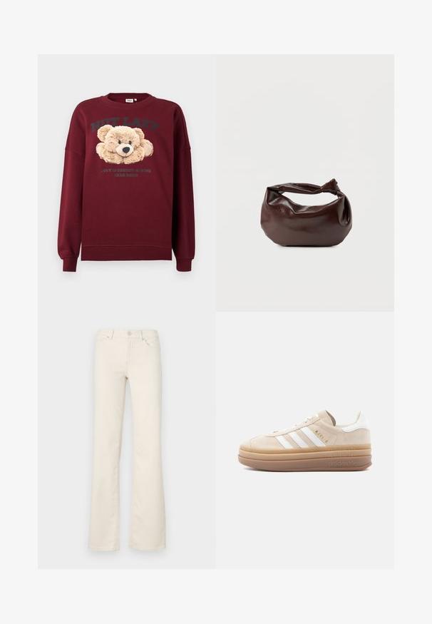 Mørkerød sweatshirt med teddy-bear grafisk motiv og teksten "IKKE DOVEN" og "UGENDE IMPLEMENTERET BÆR-MODE" på fronten, lange ærmer, ribbede manchetter.; Beige buks med vidde lavet af bomuldsblanding, med standardlommer, knaplukning foran og stikninger langs sømmene.; Beige ruskindsneaker med hvide læderdetaljer, der har tre hvide striber, et gyldent logo og en tyk, gennemsigtig gummisål.; Mørkebrun læder skuldertaske med en blød, afslappet form og et snoet knudehåndtag på en ensartet hvid baggrund.