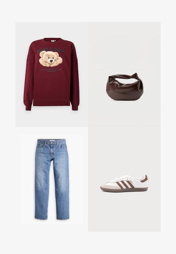 Bordeaux sweatshirt met teddybeer graphic en de tekst "NIET LUI" en "GEWOON IN ENERGIEBESPARED BAREMODE" aan de voorkant, lange mouwen, geribbelde manchetten.; Lichtblauwe denim jeans met een rechte pasvorm, vijf zakken en een ritssluiting. De stof heeft een klassieke textuur met een lichte vervaging.; Witte Adidas Samba sneaker met bruine suède strepen, bruine rubberen zool en beige suède neuskap, getoond vanaf de buitenkant op een effen achtergrond.; Donkerbruine leren schoudertas met een zachte, slungelige vorm en een gedraaide knoopvormige handgreep op een effen witte achtergrond.