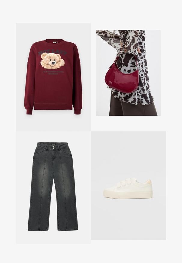 Mørkerød sweatshirt med teddy-bear grafisk motiv og teksten "IKKE DOVEN" og "UGENDE IMPLEMENTERET BÆR-MODE" på fronten, lange ærmer, ribbede manchetter.; Bredde ben jeans i mørkegrå denim. Funktionerne inkluderer en knaplukning, to frontlommer og lodret syning for detaljen. Slidte områder er til stede.; Hvide sneakers med en glat læderlignende overdel, tre velcrostropper, rund tå og en tekstureret gummisål. Bagakcent i beige.; Kvinde iført en sort- og hvidmønstret bluse, der holder en blank rød skuldertaske mod en ensfarvet baggrund.