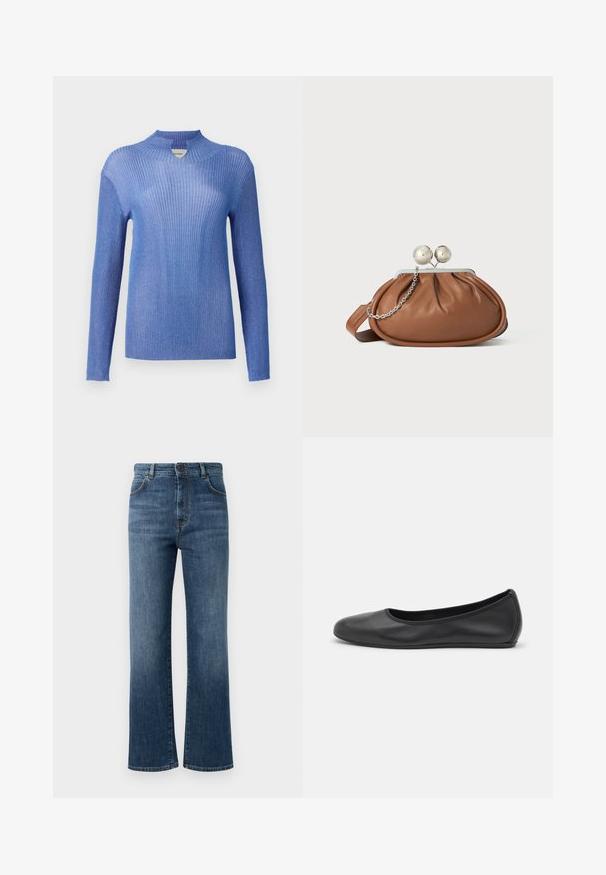 Pull en tricot bleu côtelé avec un col montant et des manches longues. Présente une finition texturée et un léger éclat, offrant une silhouette ajustée.; Jean en denim bleu foncé, avec une coupe droite, cinq poches, fermeture à bouton et détails de couture discrets.; Ballerines en cuir noir avec un bout rond, texture lisse, détails de couture minimalistes et design de semelle flexible.; Pochette en cuir marron avec un fermoir à boule en argent et un petit détail en chaîne argentée sur fond blanc.