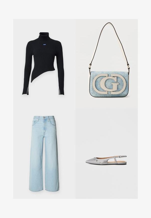 Pull en laine côtelé noir avec un ourlet asymétrique et des fentes sur les côtés. Présente un petit logo bleu sur la poitrine. Fabriqué en matériau doux.; Jean bleu clair à jambes larges avec une fermeture avant à boutons et zip, des passants de ceinture, et un design classique à cinq poches.; Ballerine argentée à bout pointu avec bride arrière, finition texturée et ornements décoratifs argentés sur la bride avant.; Sac d'épaule en denim bleu clair avec grand logo blanc entrelacé "G" et "C" à l'avant et une bandoulière blanche réglable.