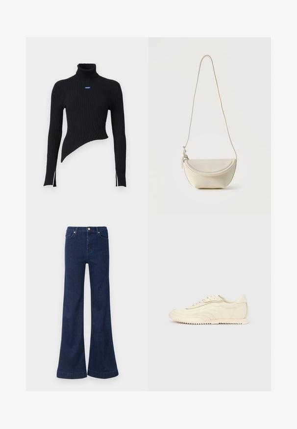 Sort ribbet turtleneck sweater med asymmetrisk kant og sidesplitter. Har et lille blåt logo på brystet. Fremstillet af blødt materiale.; Mørkeblå flared jeans lavet af denim, med høj talje, diskret slid og guldhardware på frontlommerne og lukningen.; Lavprofileret sneaker i cremefarve med bølget syning, snørebånd og en rilleret sål, vist fra siden på en ensfarvet baggrund.; Lille cremefarvet læder skuldertaske med buet klap og lang tynd rem, hængende mod en ensfarvet baggrund.