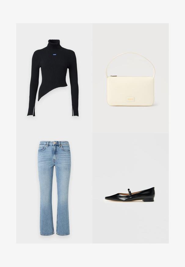 Sort ribbet turtleneck sweater med asymmetrisk kant og sidesplitter. Har et lille blåt logo på brystet. Fremstillet af blødt materiale.; Lys blå denim jeans med en udvidet design, høj talje, fem lommer og guld hardware. Funktioner en falmet vask og stikninger.; Sorte patenterede læder Mary Jane flade sko med spids tå, én rem og lav hæl på ensfarvet baggrund.; Kremfarvet rektangulær håndtaske med en enkelt rem og lynlås øverst, med en lille præget logo-plakette foran.