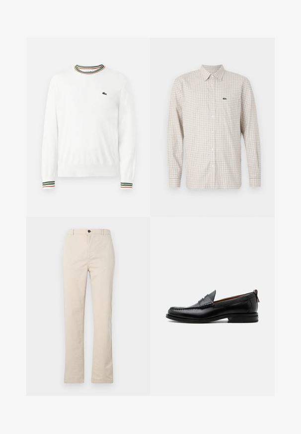 Biely sveter s okrúhlym výstrihom, ktorý má na golieri a rukávoch pruhy v zelených, červených a oranžových odtieňoch. Logo Lacoste na hrudi.; Béžová košeľa s dlhým rukávom s červeným a modrým štvorcovým vzorom, zapínanie na gombíky vpredu, golier a zelené logo krokodíla na ľavej strane hrude.; Svetlo béžové bavlnené nohavice so strižným strihom, s predným zapínaním na gombík, zipsovou rozparkom a minimálnymi všitými detailmi.; Čierny kožený pánsky mokasín s prešitím moc toe, penny remienkom, textúrovaným golierom a nízkym vrstveným podpätkom na bielom pozadí.