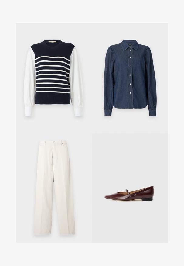 Gilet en tricot bleu marine avec des rayures blanches horizontales, porté sur des manches longues blanches bouffantes et des poignets blancs.; Chemise en denim bleu foncé à manches longues, avec fermeture boutonnée sur le devant, col pointu et épaules légèrement bouffantes.; Pantalon ample couleur blanc cassé avec passants de ceinture, bouton à l'avant, fermeture éclair et poches latérales, présenté sur un fond clair uni.; Chaussure plate en cuir verni bordeaux avec un bout pointu et une sangle décorative sur le cou-de-pied. Présente un petit talon noir.