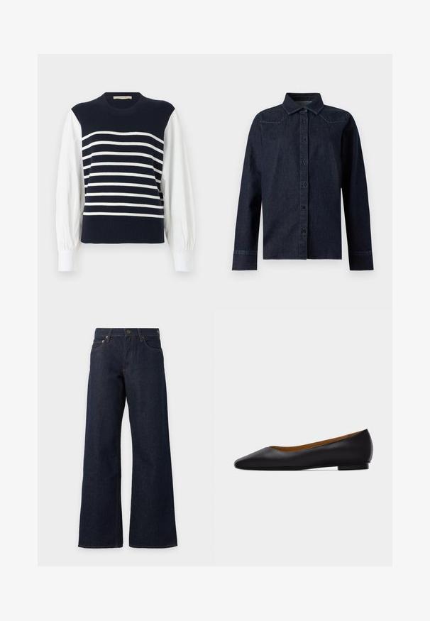Gilet en tricot bleu marine avec des rayures blanches horizontales, porté sur des manches longues blanches bouffantes et des poignets blancs.; Chemise en denim bleu foncé à manches longues, boutonnée sur le devant, col pointu, avec des détails de couture simples aux épaules et aux poignets.; Jeans bleu foncé à jambes larges avec poches avant, passants de ceinture, fermeture bouton et coutures orange sur fond blanc.; Chaussure plate en cuir noir à bout pointu avec talon bas et finition lisse, vue de côté sur un fond gris clair.