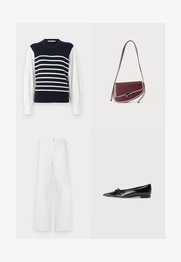 Gilet en tricot bleu marine avec des rayures blanches horizontales, porté sur des manches longues blanches bouffantes et des poignets blancs.; Jean blanc à taille haute et jambes larges, avec poches avant, passants de ceinture et fermeture par bouton, présenté sur un fond uni.; Chaussure plate en cuir verni noir avec un bout pointu, une petite lanière décorative et un petit talon carré. Texture lisse et design épuré.; Sac à bandoulière en cuir rouge foncé avec une finition point de fouet blanche et un fermoir métallique circulaire sur le rabat avant.