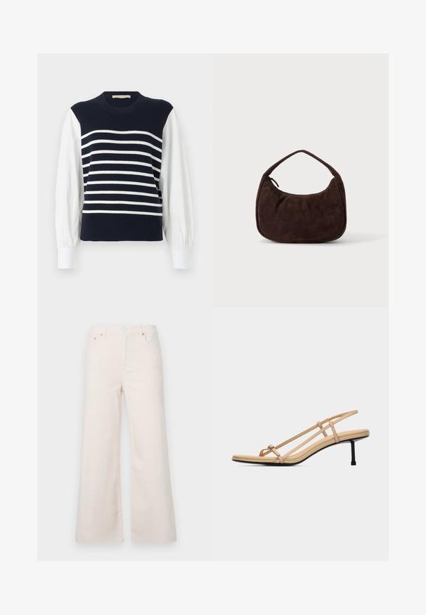 Gilet en tricot bleu marine avec des rayures blanches horizontales, porté sur des manches longues blanches bouffantes et des poignets blancs.; Pantalons en denim beige clair à jambes larges, taille haute, avec cinq poches et une fermeture à bouton à l'avant. Texture lisse, détails de couture minimalistes.; Sandale beige à lanières avec une fine boucle pour l'orteil, deux lanières latérales, une bride arrière, une semelle rembourrée et un talon noir élégant de hauteur moyenne.; Sac à main en daim marron foncé avec une courte sangle et une forme rectangulaire arrondie sur un fond uni clair.