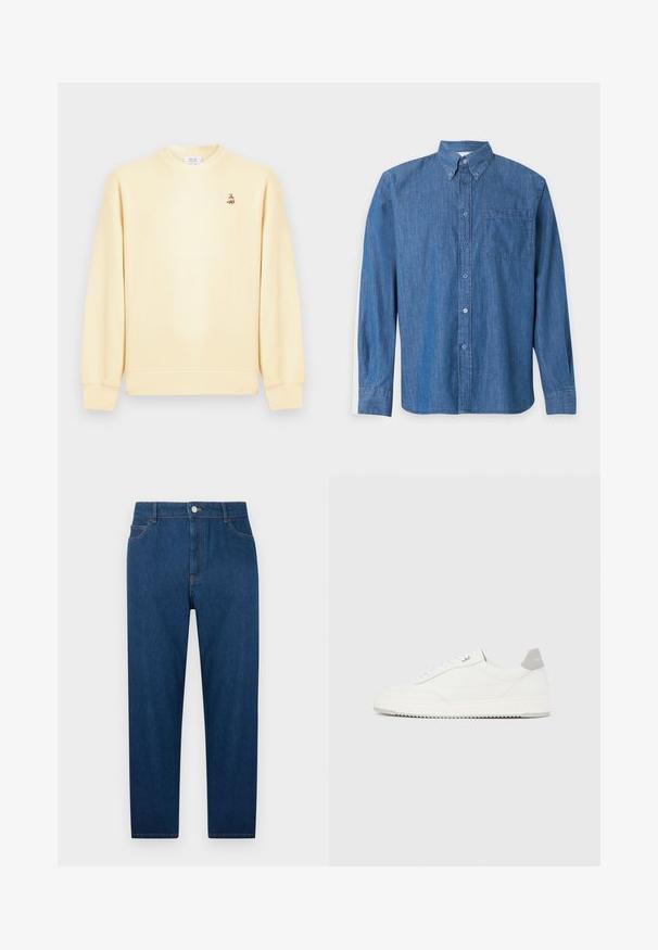 Sweat-shirt crème à col rond avec manches longues et un petit logo de renard brodé sur la poitrine gauche.; Chemise en denim bleu à manches longues, boutonnée, avec une poche poitrine avant et un col boutonné sur un fond clair uni.; Jean droit en denim bleu foncé avec bouton et fermeture éclair à l'avant, design à cinq poches et coutures visibles à la taille et sur les poches.; Baskets basses blanches avec un onglet de talon gris, des lacets blancs et une semelle texturée, présentées sur un fond uni clair.