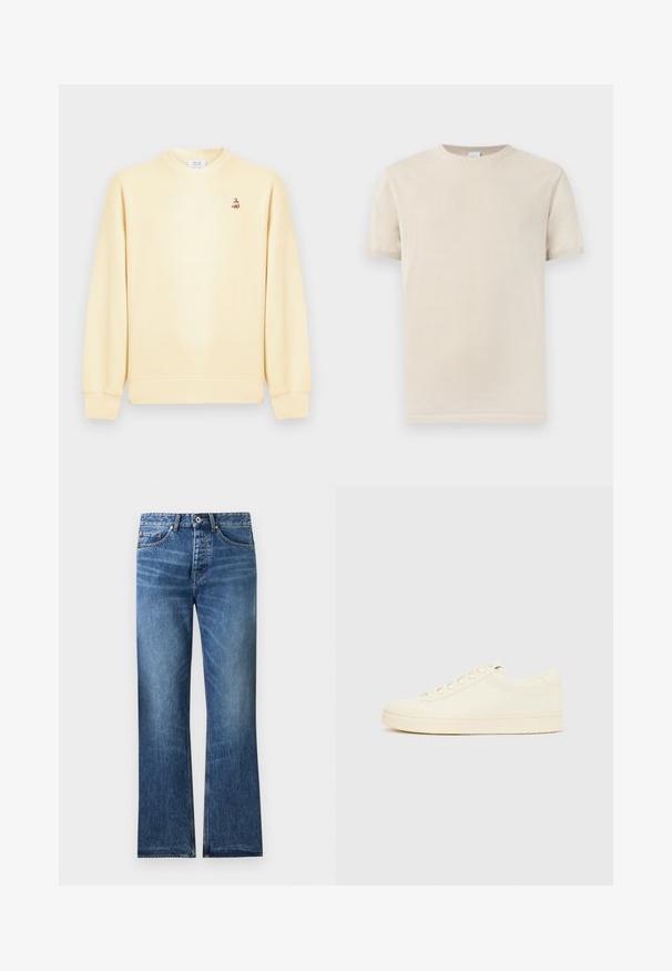 Sweat-shirt crème à col rond avec manches longues et un petit logo de renard brodé sur la poitrine gauche.; T-shirt beige à manches courtes avec col rond et poignets côtelés, présenté sur un fond clair uni.; Jean en denim bleu avec une coupe droite, cinq poches, fermeture par bouton et zip, et légère décoloration sur les cuisses et les genoux.; Baskets couleur crème avec une tige en cuir lisse, bout arrondi, laçage à l'avant et semelle en caoutchouc texturée. Design minimaliste, sans logo.