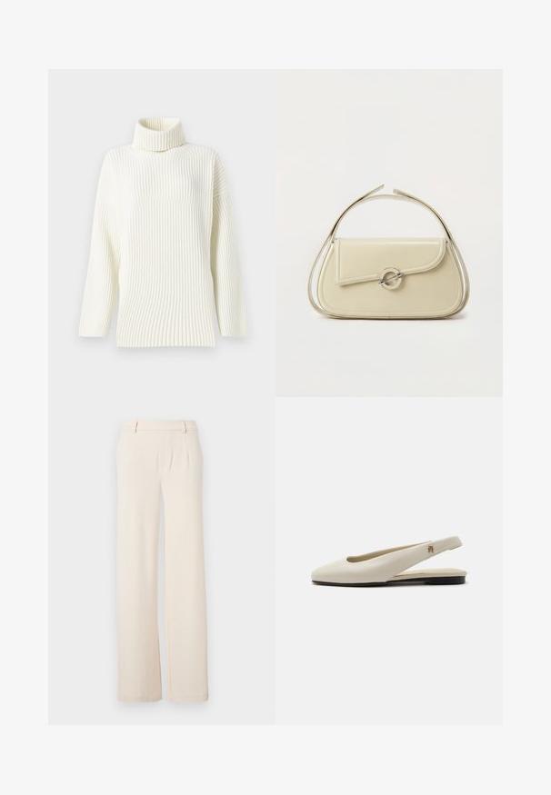 Crème-kleurige geribbelde turtleneck trui met lange mouwen en een relaxte pasvorm. Zachte textuur en naadloos ontwerp verhogen het comfort.; Licht beige wijde broek met voorplooien, een gladde textuur en zijzakken. Gemaakt van een zachte stof met een gepolijste uitstraling.; Crèmekleurige leren slingback platte schoen met ronde neus en klein gouden embleem op het bandje.; Crème leren handtas met gebogen klep, ronde zilveren sluiting en korte bovenste handgreep op een effen witte achtergrond.