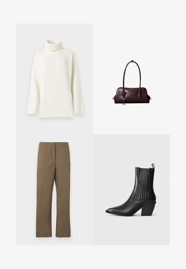 Crème-kleurige geribbelde turtleneck trui met lange mouwen en een relaxte pasvorm. Zachte textuur en naadloos ontwerp verhogen het comfort.; Bruine rechte broek van katoenmix stof. Bevat riemlussen, een achterzak en heeft een gladde textuur zonder patronen.; Zwarte leren enkelboot met een spitse neus, ribbelige zijpanelen en een dikke hak, geplaatst op een gewatteerde tegeloppervlak.; Donkerbruine leren Calvin Klein handtas met lange dubbele handvatten en een kleine logo-sierhanger die aan één handvat hangt.