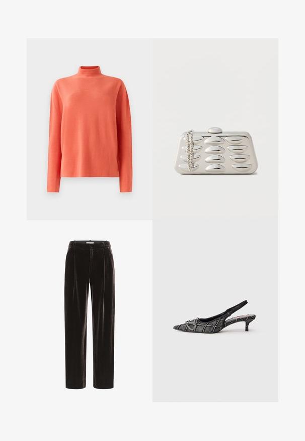 Pull en maille corail à manches longues avec col montant et coupe décontractée, présenté sur un fond blanc.; Pantalon en velours noir à coupe droite, doté de plis à l'avant, d'une taille moyenne et sans matériel ni accents visibles.; Escarpin noir avec bride arrière, talon kitten, bout pointu, motif texturé et détail de boucle argentée sur fond blanc.; Pochette rectangulaire argentée avec motifs ovales en relief sur le devant et une chaîne argentée drapée sur un coin, sur un fond uni.