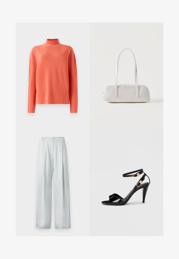 Suéter de punto de manga larga en color coral, con cuello alto y corte relajado, sobre un fondo blanco.; Pantalones de pierna ancha color gris claro con una textura suave, que cuentan con un cierre de botón en la parte frontal y un diseño plisado para mayor detalle.; Sандalia de tacón alto de charol negro con dobles correas en el tobillo y hebillas doradas, punta abierta y tacón delgado y afilado sobre un fondo neutro.; Bolso de hombro rectangular blanco con correas largas y delgadas, costuras mínimas y cierre de cremallera sobre un fondo liso.