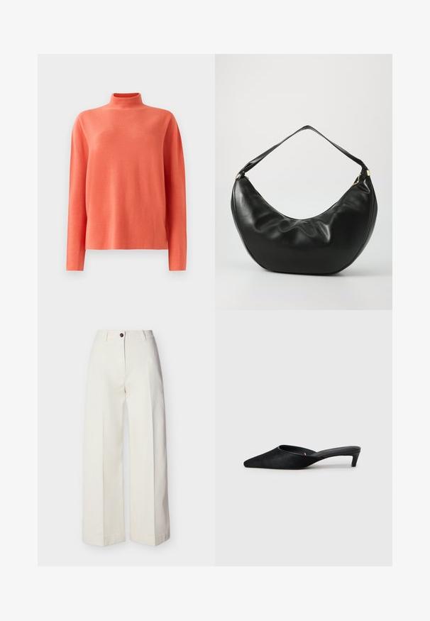 Pull en maille corail à manches longues avec col montant et coupe décontractée, présenté sur un fond blanc.; Pantalon crème taille haute à jambes larges, avec passants de ceinture, fermeture à bouton unique et zip, présenté à plat sur un fond uni.; Mules en daim noir avec un bout pointu et un petit talon. Caractéristiques d'une texture lisse et d'un dos ouvert pour un enfilage facile. Design simple sans motifs.; Sac à épaule en cuir noir, de forme courbée, avec une texture douce et une seule sangle; il comporte une fermeture éclair dorée et un logo discret.