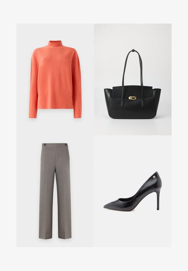 Pull en maille corail à manches longues avec col montant et coupe décontractée, présenté sur un fond blanc.; Pantalons gris avec une texture lisse, un design à jambes larges et deux boutons décoratifs à la taille. Lignes nettes et ajustées, sans motifs.; Escarpin en cuir noir à talon haut avec un bout pointu, présentant un design ajouré et un petit logo doré sur le talon.; Sac en cuir noir à bandoulière avec de longues sangles et un fermoir ovale doré sur fond gris clair uni.