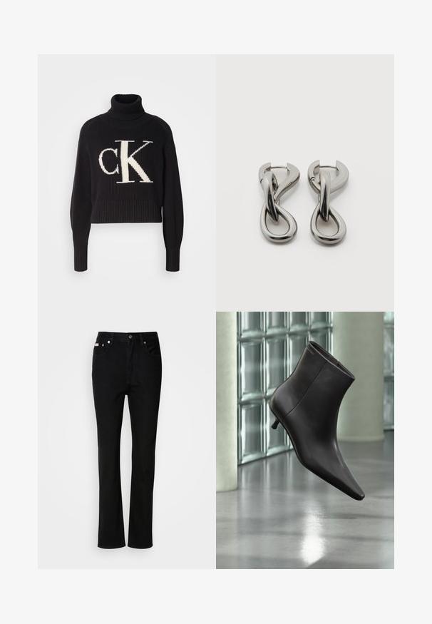 Sort ribbet sweater med høj hals, der har et stort cremefarvet "ck" logo på forsiden. Cropped længde og tætsiddende ærmer.; Sorte lige ben jeans med frontknap og lynlås, belteklip og fem-lomme design.; Sort læderankelstøvle med spids tå og lille hæl vist mod en væg af glasblokke og poleret gulv baggrund.; Par af sølvtonede metale øreringe med abstrakt sammenflettet løbedesign på hvid baggrund.