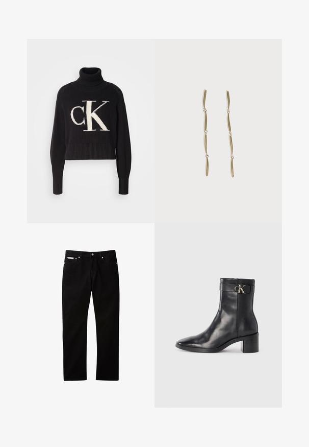 Sort ribbet sweater med høj hals, der har et stort cremefarvet "ck" logo på forsiden. Cropped længde og tætsiddende ærmer.; Sorte denimjeans med lige ben, der har knappelukning og lynlås, fem lommer og en lille logomærkat på taljen.; Sort læder ankelstøvle med spids tå, blokhæl og en rem med en metallisk logo detalje. Glat tekstur og minimalistisk design.; Lange guldøreringe bestående af fire forlængede sammenkædede buede stænger på en hvid baggrund.