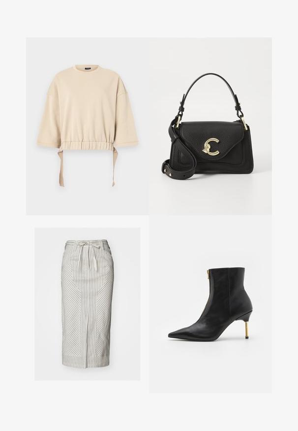Beige cropped sweatshirt gemaakt van zachte stof. Beschikt over brede mouwen, een gathered taille met touwtjes en een ronde halslijn.; Witte rok met verticale zwarte strepen, voorzien van een strik taille, verlengde vorm en schuine zakken. De stof lijkt lichtgewicht met een gladde textuur.; AllSaints NATASHA - Lage laarzen - black; Zwarte leren handtas met een gestructureerde afwerking, voorzien van een gouden sluiting, een bovenhandgreep en een verstelbare schouderband.