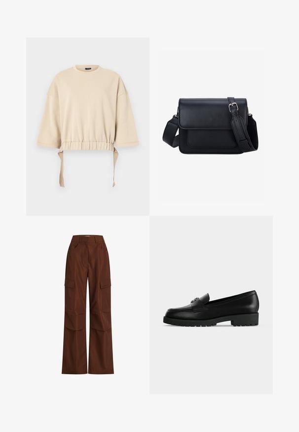 Beige cropped sweatshirt gemaakt van zachte stof. Beschikt over brede mouwen, een gathered taille met touwtjes en een ronde halslijn.; Bruine cargo broek met wijde pijpen, meerdere zijvakken, een hoge taille en stevig katoen met een gladde textuur.; Zwarte leren dameloafer met grove zool en metalen gespsdetail op het bovenwerk, zijaanzicht op witte achtergrond.; Zwarte rechthoekige leren crossbodytas met verstelbare band en zilveren gesp op een effen witte achtergrond.