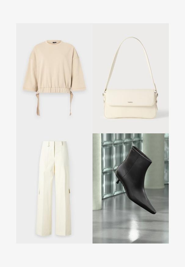 Beige cropped sweatshirt lavet af blødt materiale. Har brede ærmer, en samlet talje med snore, og en rund halsudskæring.; Bredde cargo bukser i lys creme stof, med påsatte lommer, høj talje og sidesplitter for ekstra detaljer og funktionalitet.; Sort læderankelstøvle med spids tå og lille hæl vist mod en væg af glasblokke og poleret gulv baggrund.; Cremefarvet læder skuldertaske med flaplukning, sølvfarvet beslag, en enkelt justerbar rem og diskrete logodetaljer.