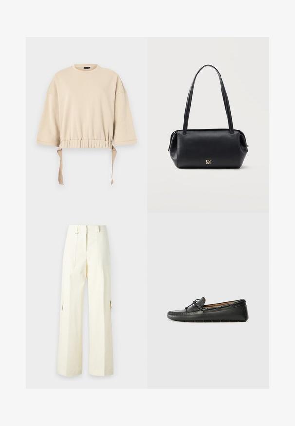 Beige cropped sweatshirt lavet af blødt materiale. Har brede ærmer, en samlet talje med snore, og en rund halsudskæring.; Bredde cargo bukser i lys creme stof, med påsatte lommer, høj talje og sidesplitter for ekstra detaljer og funktionalitet.; Sorte læder bådsko med afrundet tå, stikninger, lille sløjfedetalje og gummisål. Glat tekstur og strømlinet design.; Sort læder rektangulær skuldertaske med lange remme og lille gyldent "HUGO" logo foran i midten.