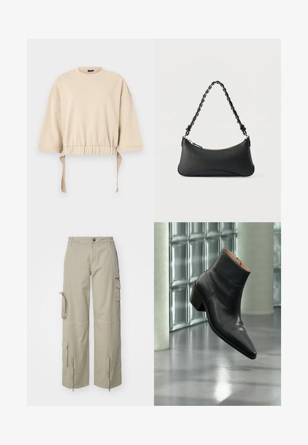 Beige cropped sweatshirt lavet af blødt materiale. Har brede ærmer, en samlet talje med snore, og en rund halsudskæring.; Beige cargo bukser lavet af bomuld. Har store sidelommer, lynlåsåbninger ved manchetterne og et afslappet, bredt ben-design.; Sort læderankelstøvle med spids tå og blokhæl, der svæver over en reflekterende grå gulv nær en væg af glasblokke.; Sort skuldertaske i læder med en buet rektangulær form, gyldent kæde vævet ind i en flettet sort rem og toplynlås.