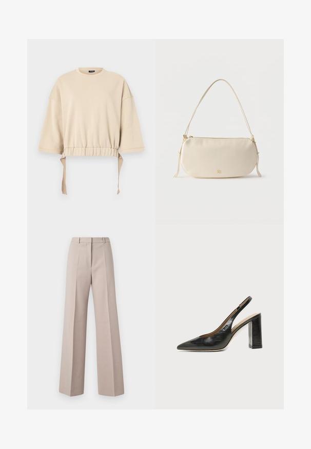 Beige cropped sweatshirt gemaakt van zachte stof. Beschikt over brede mouwen, een gathered taille met touwtjes en een ronde halslijn.; Beige wijde broek van een soepele stof, met een hoge taille, voorkreuken en een op maat gemaakte pasvorm.; Zwarte leren slingback schoen met spits toelopend neusje, hoge blokhak en beige binnenvoering tegen een effen lichte achtergrond.; Crèmekleurige kleine schoudertas met een enkele schouderband, ritssluiting en subtiel gouden merklogo aan de voorkant.