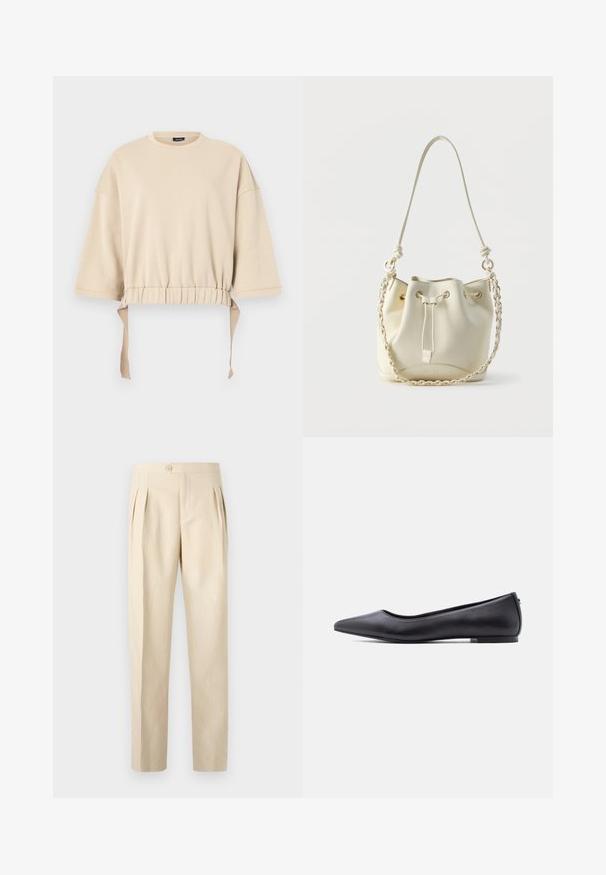 Beige cropped sweatshirt lavet af blødt materiale. Har brede ærmer, en samlet talje med snore, og en rund halsudskæring.; Beige, højtaljede bukser med frontfolder, enkelt knaplukning og lige ben. Fremstillet af et struktureret, vævet stof.; Sort flad lædersko med spidst tåparti og lav hæl, vist i sideprofil mod en hvid baggrund.; Hvid læder bucket-taske med snørelukning, flettet kæde og læder skulderrem samt guldfarvede øjer.