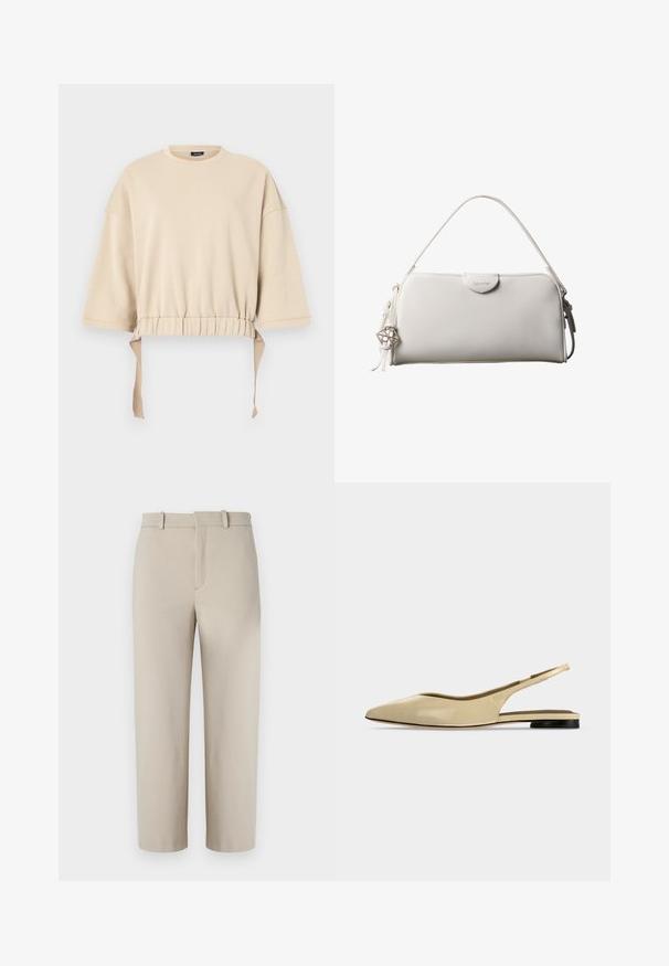 Beige cropped sweatshirt gemaakt van zachte stof. Beschikt over brede mouwen, een gathered taille met touwtjes en een ronde halslijn.; Beige cropped broeken, op maat gemaakt ontwerp, flatte voorkant met verborgen rits, twee zijzakken, gemaakt van een soepel katoenmix stof.; Beige platte slingback schoen met puntige neus, lage zwarte hak en een glad leren afwerking, zijaanzicht op een effen achtergrond.; Witte rechthoekige Calvin Klein handtas met enkele handgreep, minimalistisch ontwerp en decoratieve kwastjes met geometrische metalen hanger aan de zijkant.