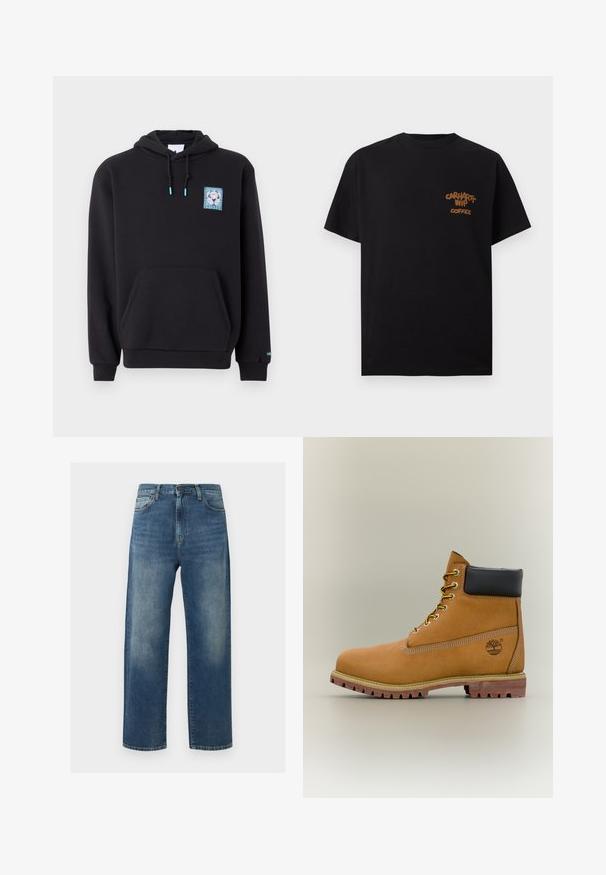 Sort hættetrøje lavet af en bomuldsblanding, med en frontlomme, snoretræk i hætten og et grafisk patch i blå og hvid på brystet.; Sort T-shirt med korte ærmer med lille brun tekst "Carhartt WIP Coffee" på venstre bryst.; Blå straight-leg jeans med falmede områder på lårene, fem-lomme-stil og lukning med knap og lynlås.; Brun læderankelstøvle med sort krave, gule snørebånd og tanfarvet sål. Har logo og hvide syninger som detalje. Robust ydersål med greb.